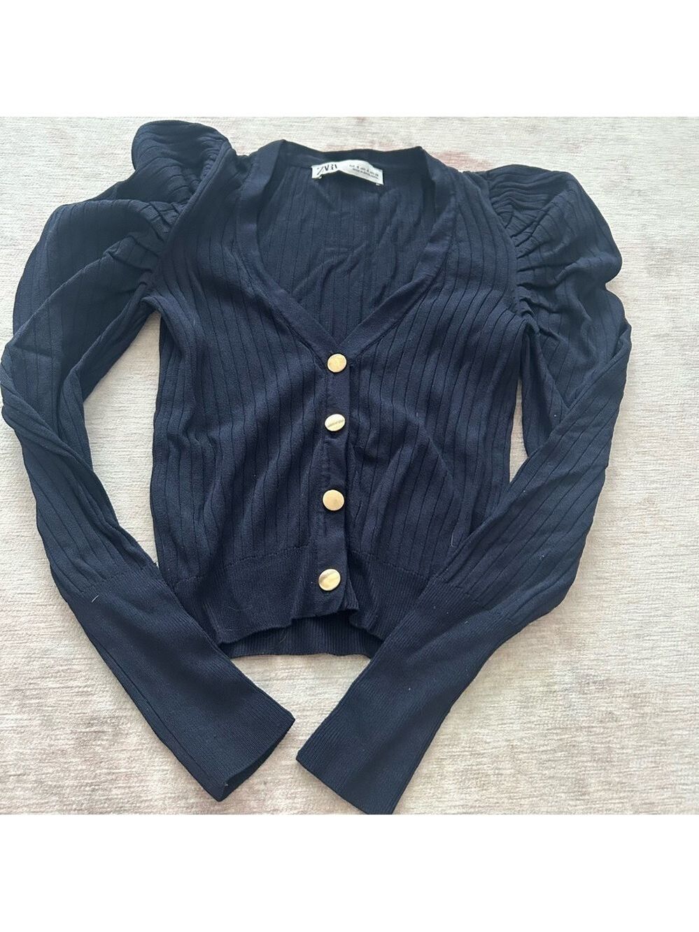 Zara Navy Ribbed Cardigan Puff Sleeve Small